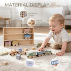 Juego de tren de madera para niños pequeños, 12 vagones magnéticos Montessori con caja de regalo de almacenamiento, compatible con las principales marcas, juguete de bloques apilables de madera para