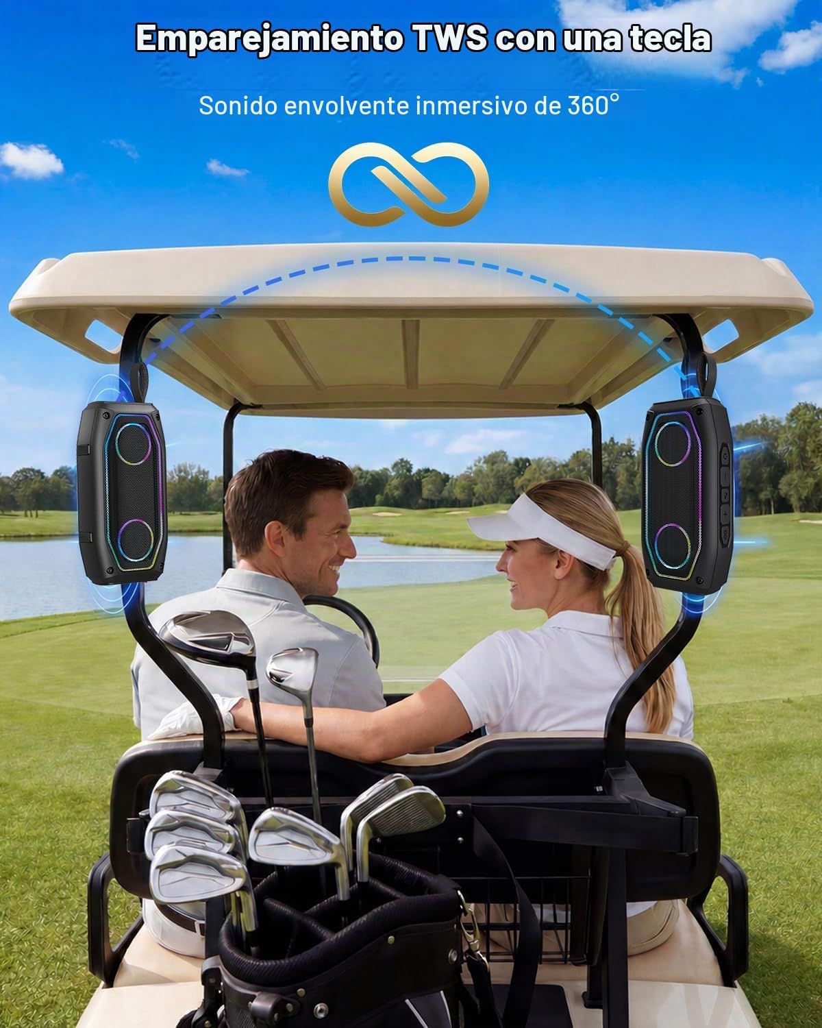 Qozybuds Altavoz de golf magnético, altavoz portátil Bluetooth 6.0 para carrito de golf de 30 W, IPX6 impermeable, tiempo de reproducción de 30 horas, estéreo TWS, luz RGB, altavoz al aire libre a