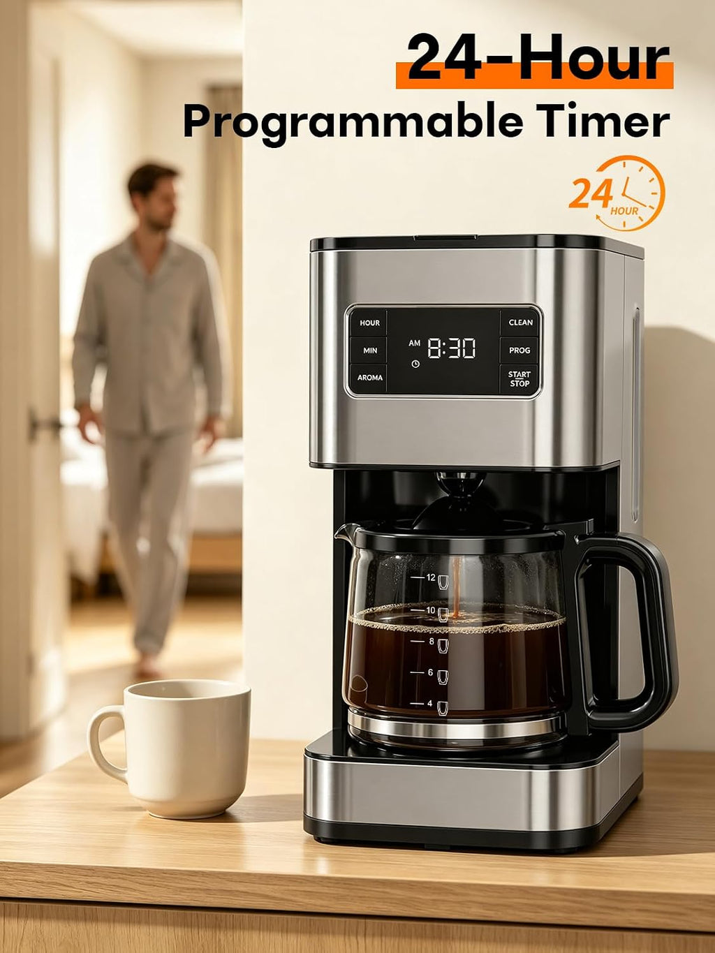 Cafetera de goteo de 12 tazas programable, regular y fuerte, pantalla LED