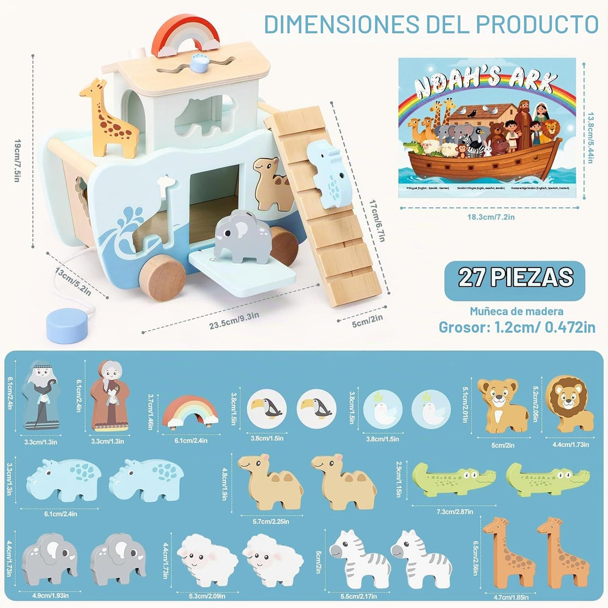 Hoarosall 27 juguetes Montessori de madera del arca de Noé para niños de 1 año de edad, juguetes cristianos para niños pequeños de 1 a 3 años, ideales para bautismo, Navidad y primer cumpleaños