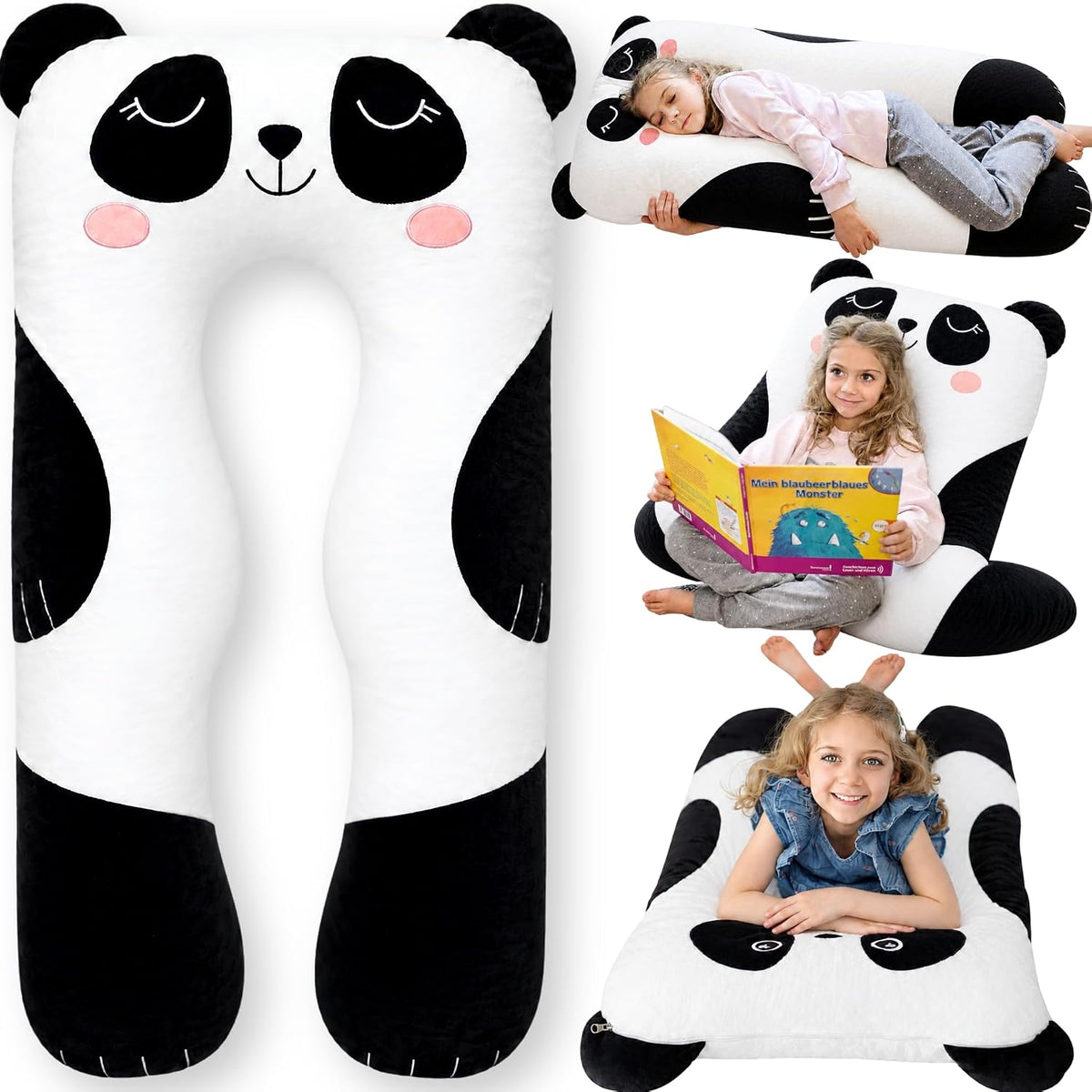 Almohada para cuerpo de niños con forma de panda - Almohada larga de felpa suave de 47" en forma de U, almohada de animales para niños, para dormir, leer, comodidad para TDAH y necesidades