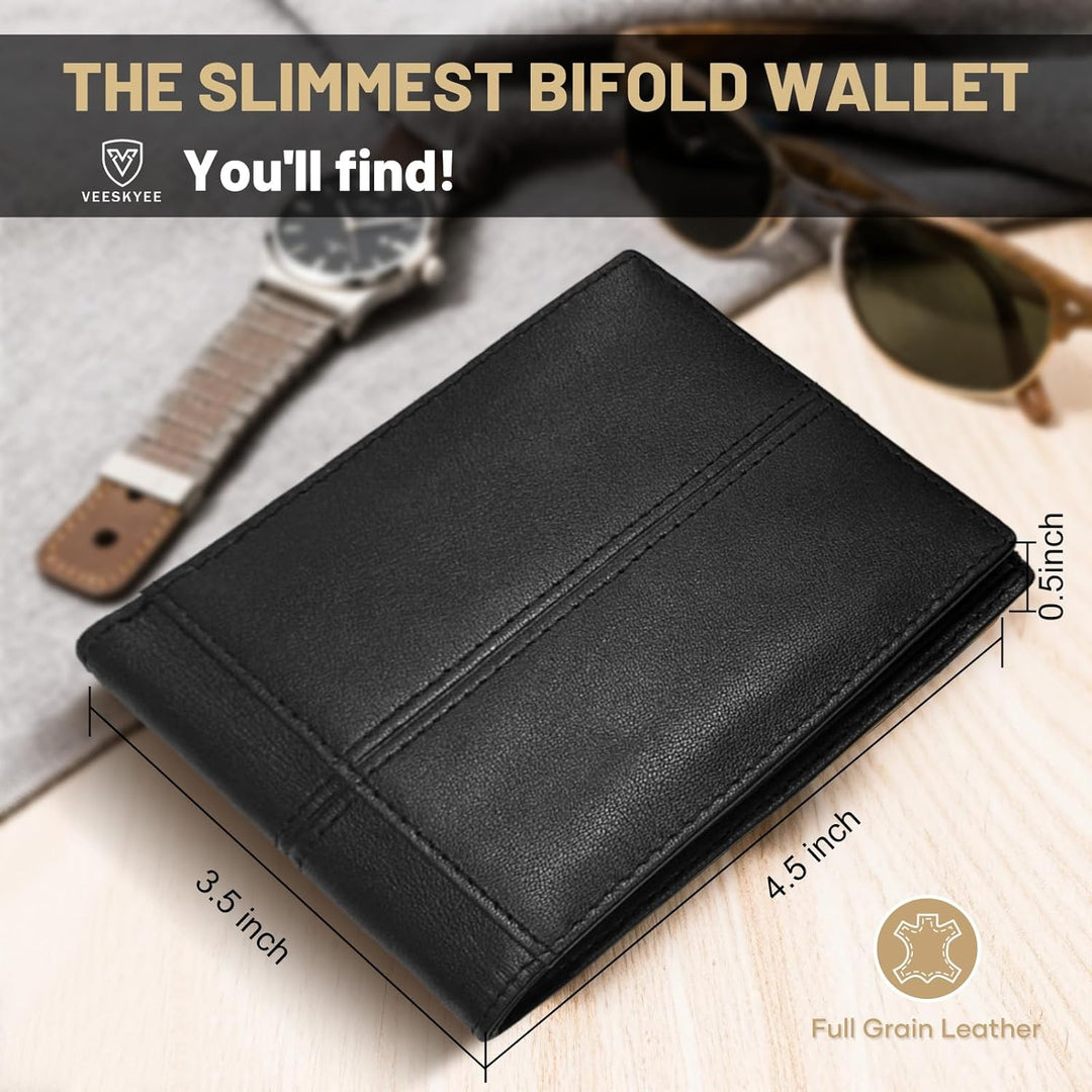 VEESKYE Cartera de cuero de grano completo para hombre, bloqueo RFI...