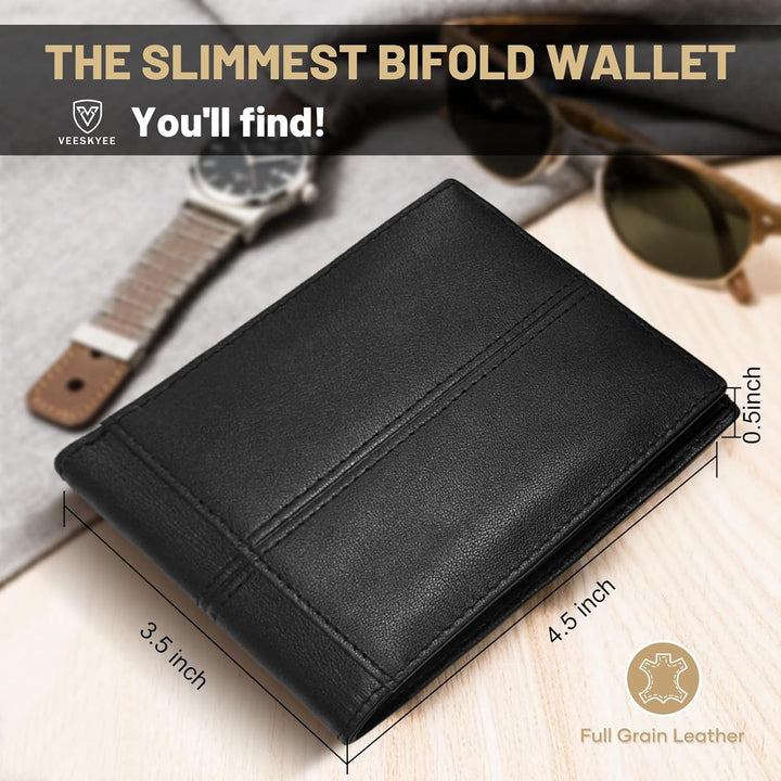 VEESKYE Cartera de cuero de grano completo para hombre, bloqueo RFI...