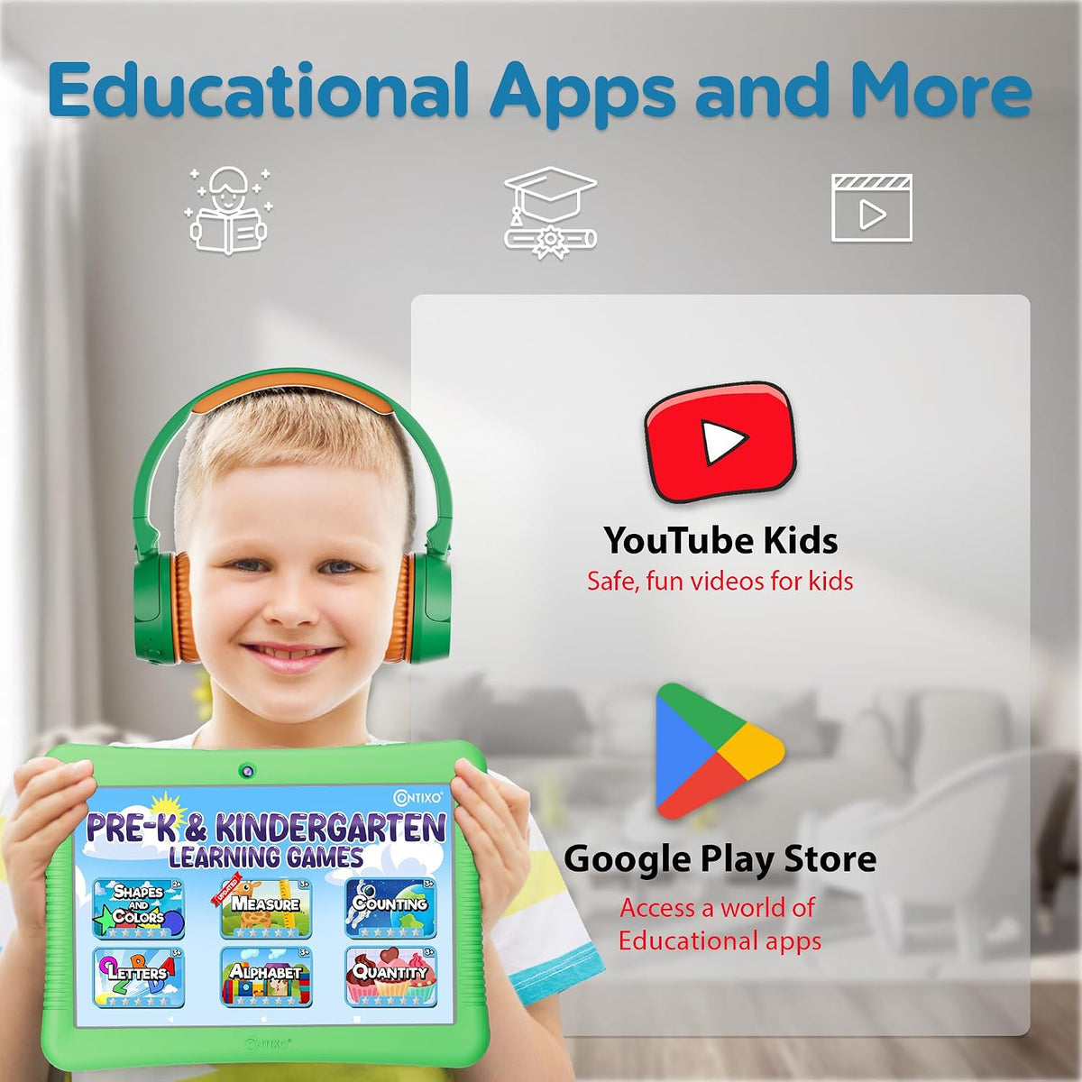 Contixo Paquete de tableta Android Kids de 10 pulgadas, 32 GB, con aplicaciones educativas épicas y Lingokids, controles parentales, funda a prueba de niños con soporte y lápiz capacitivo, auriculares y bolsa de funda, color verde