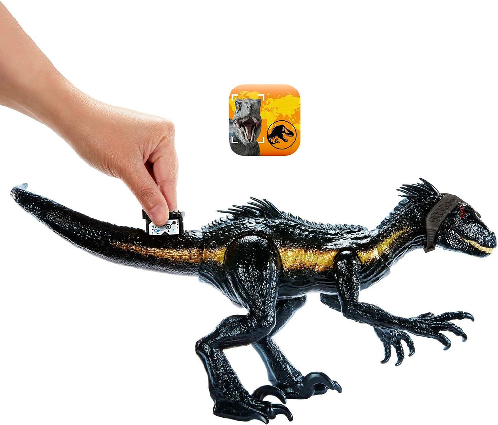 Mattel Jurassic World Figura de dinosaurio Indoraptor Track N Attack con equipo de seguimiento y 3 características de ataque, regalo de juguete con juego físico y digital