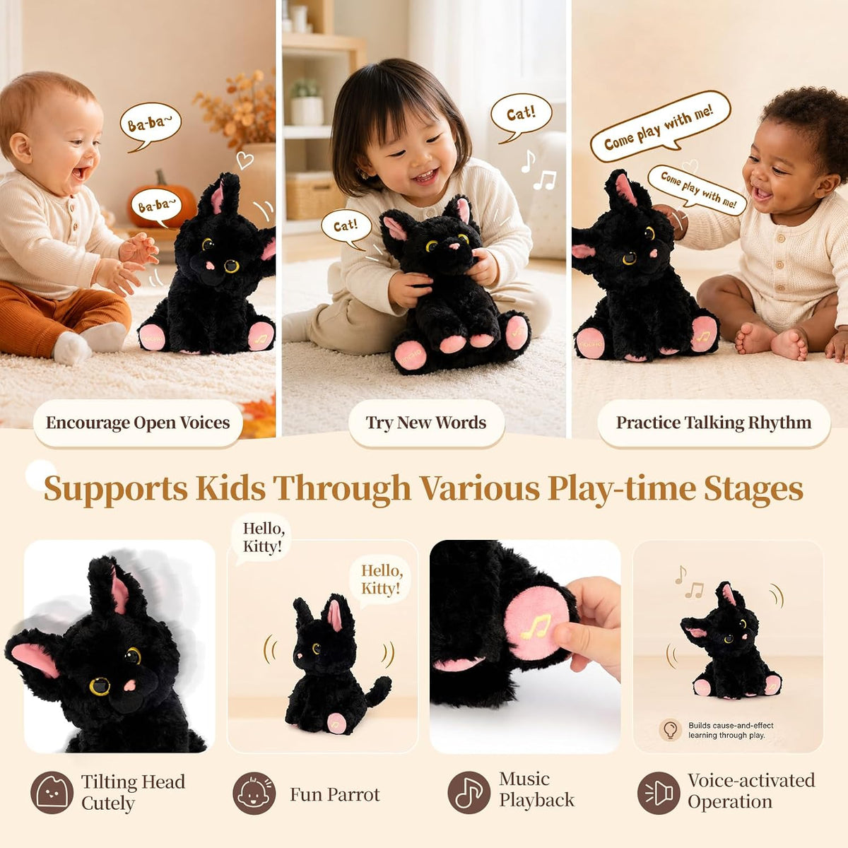 Juguete de peluche negro del gato, 10" juguete musical interactivo