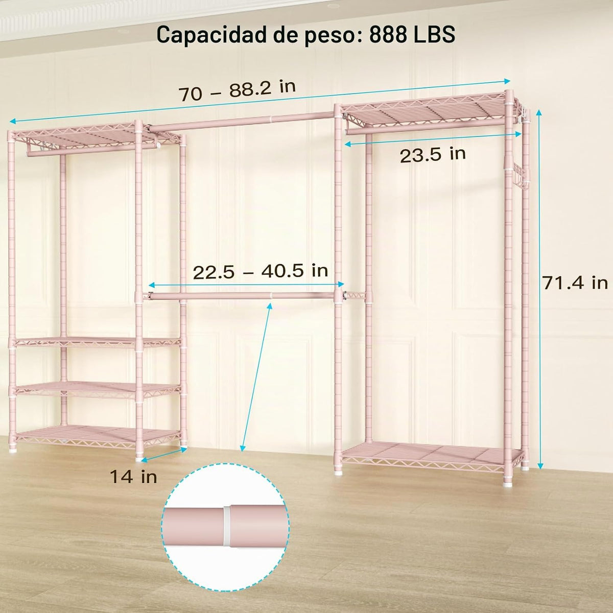 E1 Perchero de Ropa Resistente para Armario, 6 Niveles Ajustable de Metal Independiente Expandible Almacenamiento de Ropa con 4 Barras para Colgar, Fácil de Montar Guardarropa, 71.4" H x (70