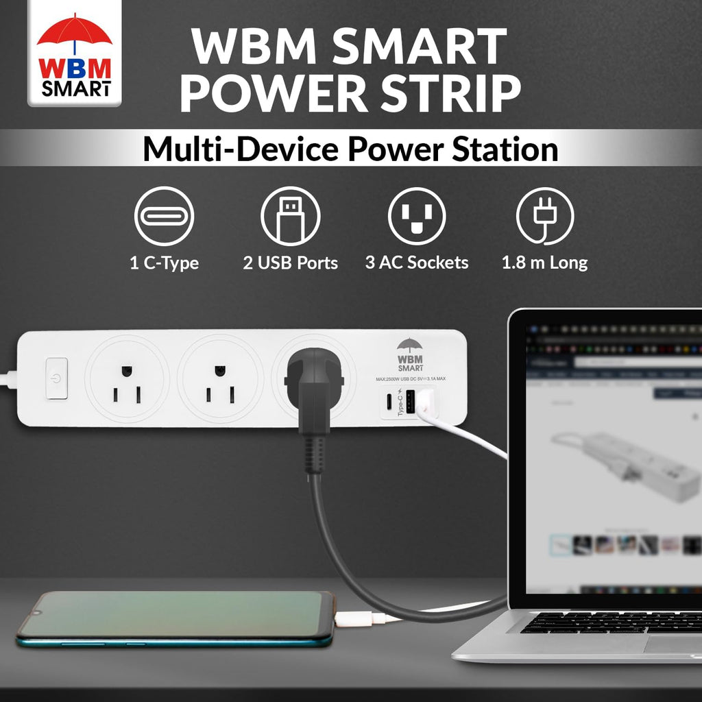 WBM SMART Regleta de alimentación de 5.9 pies 10 A - Enchufe de cable de extensión, paquete de 2 con 2 puertos USB y 1 enchufe tipo C, extensor de salida múltiple para el hogar, la oficina y el