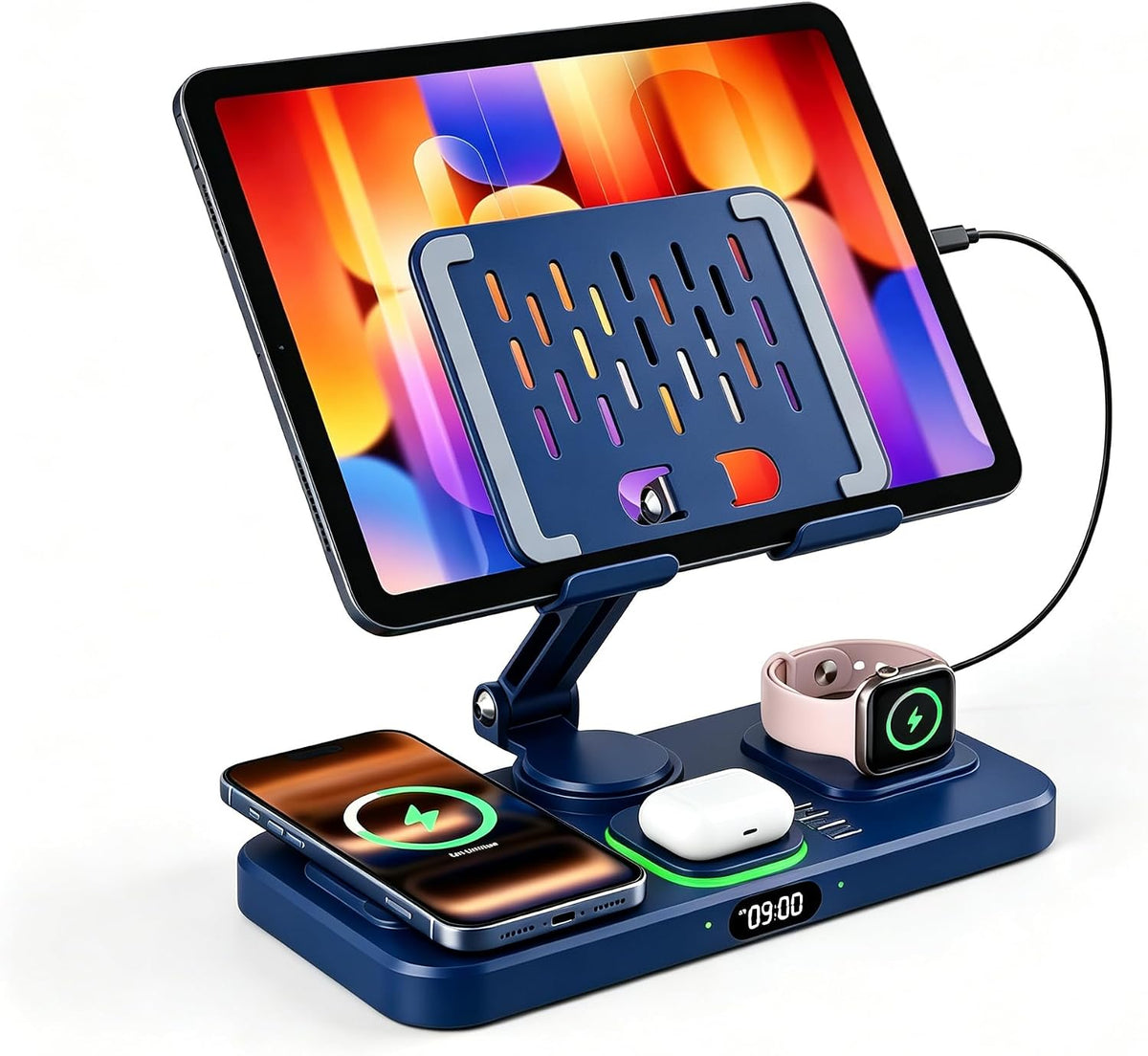 Estación de carga magnética para múltiples dispositivos Apple, cargador inalámbrico con reloj y luz, soporte de carga plegable con cable para iPad/Tab, cargador seguro para iPhone 17, para Apple Watch