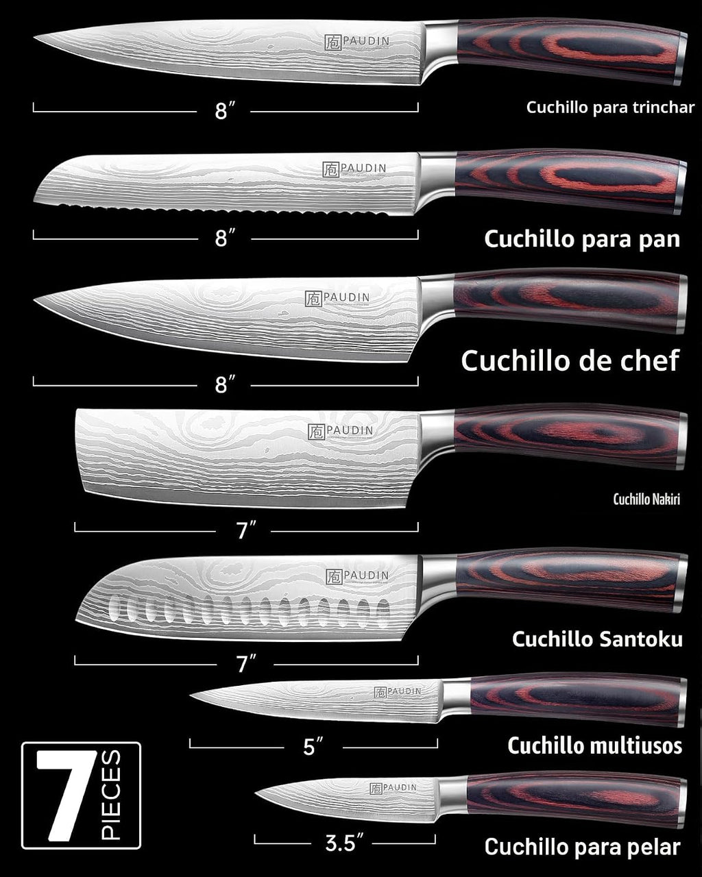 PAUDIN - Juego de cuchillos de chef, 7 piezas de juego de cuchillos de cocina, acero inoxidable de alto carbono, juego de cuchillos ultra afilados, juego de cuchillos profesionales para cocina con