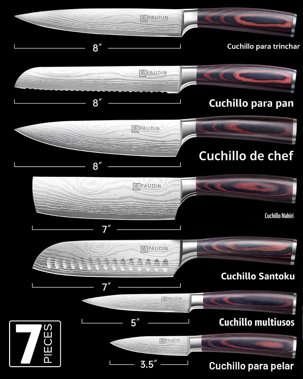 PAUDIN - Juego de cuchillos de chef, 7 piezas de juego de cuchillos de cocina, acero inoxidable de alto carbono, juego de cuchillos ultra afilados, juego de cuchillos profesionales para cocina con