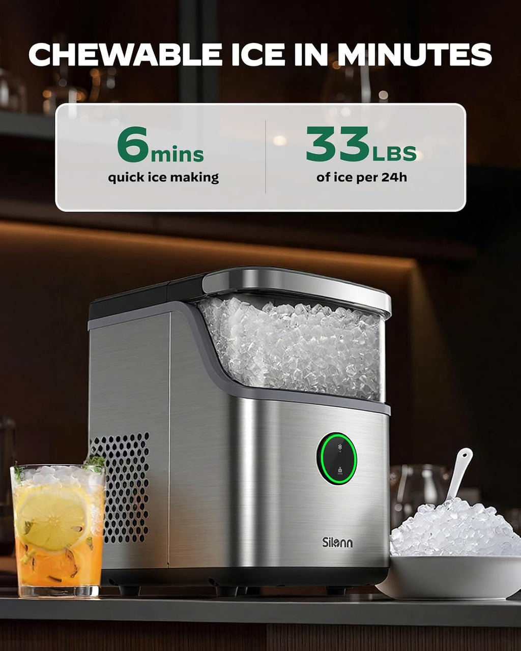 Silonn Nugget - Encimera para hacer hielo con 33 libras diarias para el hogar, cocina y oficina
