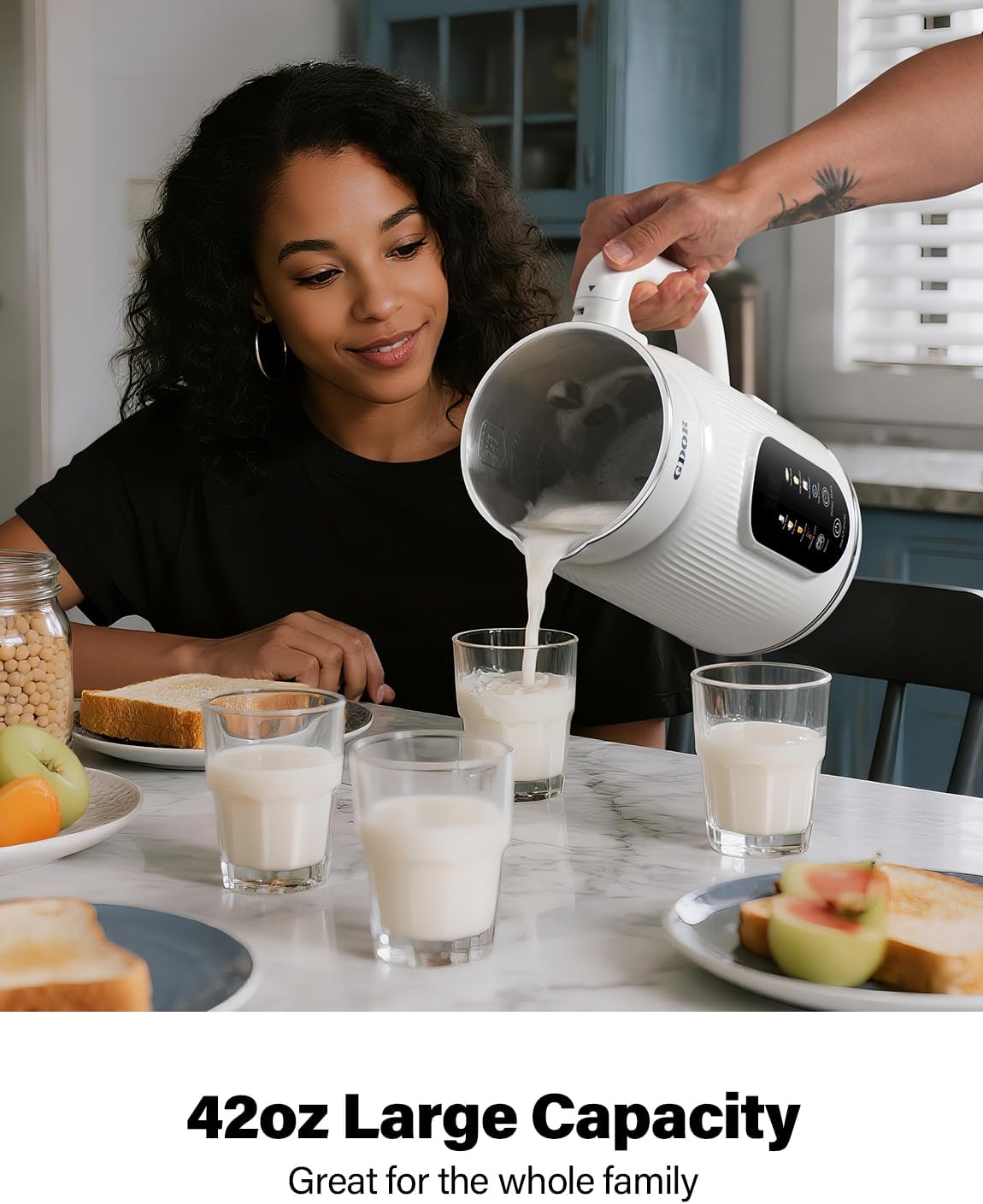 GDOR Máquina inteligente de leche de nuez de 42 onzas, máquina de leche vegetal 9 en 1 para almendras, avena, soja, jugo y batidos, licuadora de pantalla táctil grande con mantener el calor, hervir