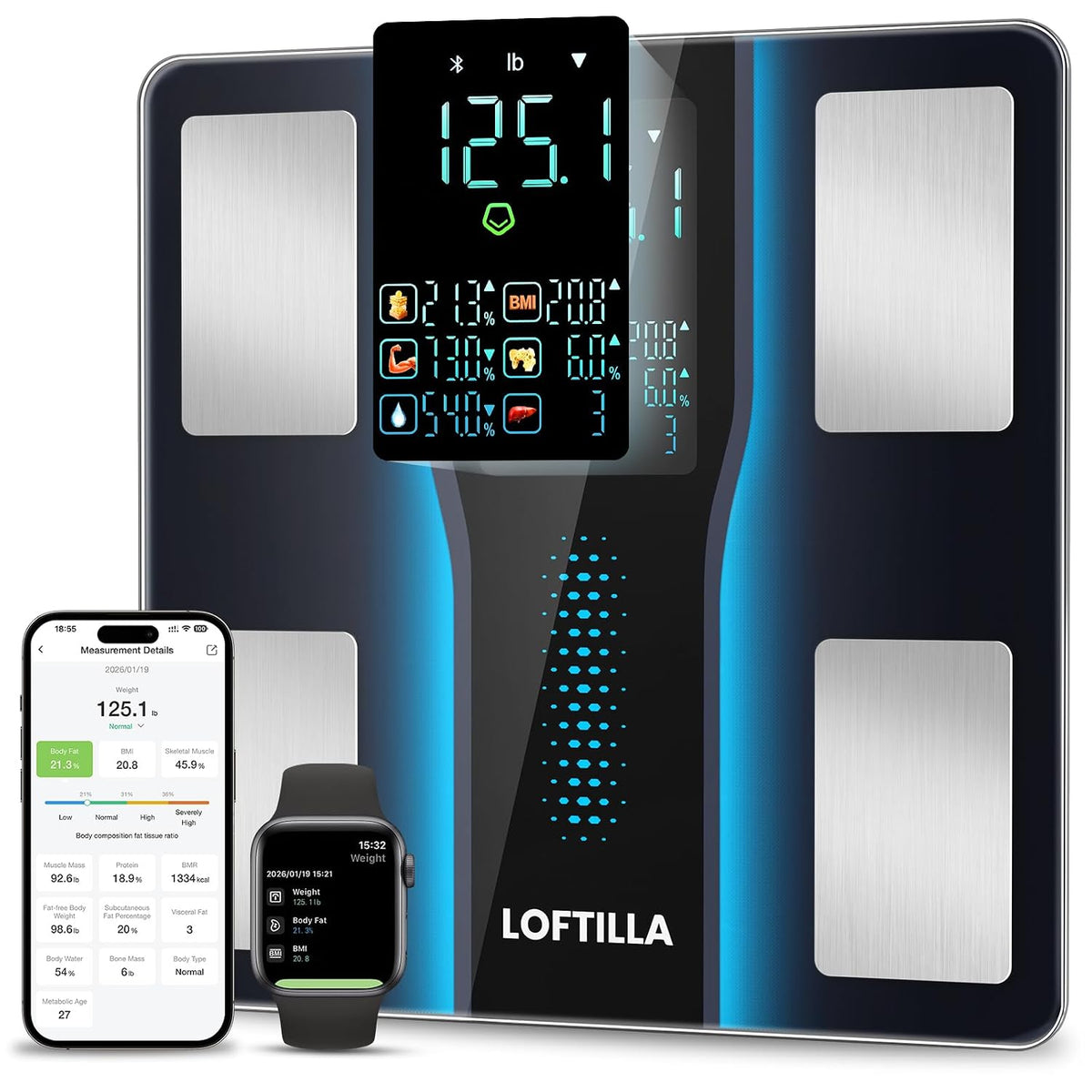 LOFTILLA - Báscula inteligente con IMC, grasa corporal, masa muscular