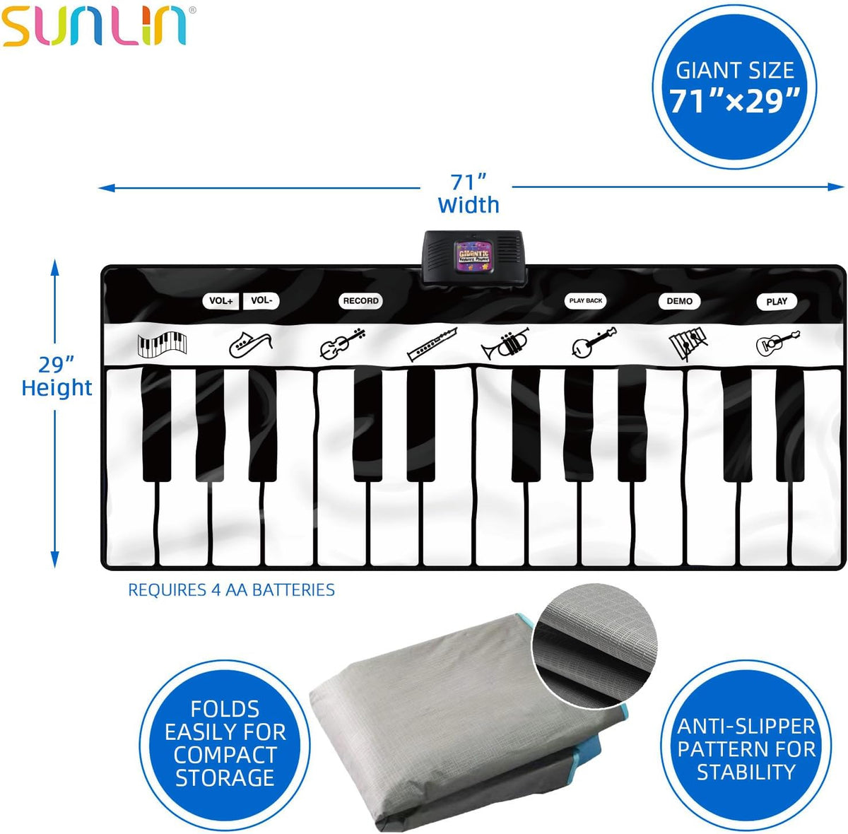 SUNLIN Alfombrilla de piano de 6 pies, tapete de teclado de piso: 24 teclas, 10 demostraciones, 8 sonidos de instrumentos, grabación y reproducción, juguetes musicales interactivos gigantes, regalos