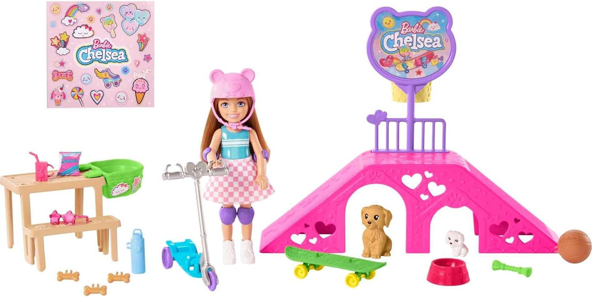 Barbie - Set de juego de muñeca Chelsea y parque de patinaje con 2...