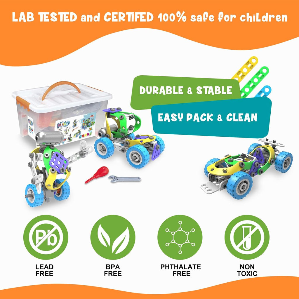 Juego de 107 piezas de erector motorizado para niños de 4, 5, 6, 7, 8 +, juguetes de construcción STEM para niños y niñas de 3-5, 4, 8, 5-7, 6-8 años, kit de ingeniería, motor eléctrico, actividades de aprendizaje de regalo educativo creativo