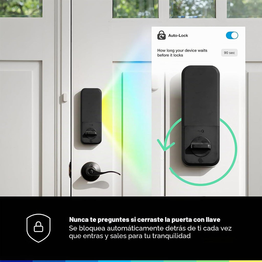 myQ Secure View™ - Cerradura inteligente 3 en 1 + timbre myQ + batería adicional, bloqueo de entrada sin llave, cámara de timbre HDR 2K, acceso facial, huella digital y PIN, control de aplicaciones