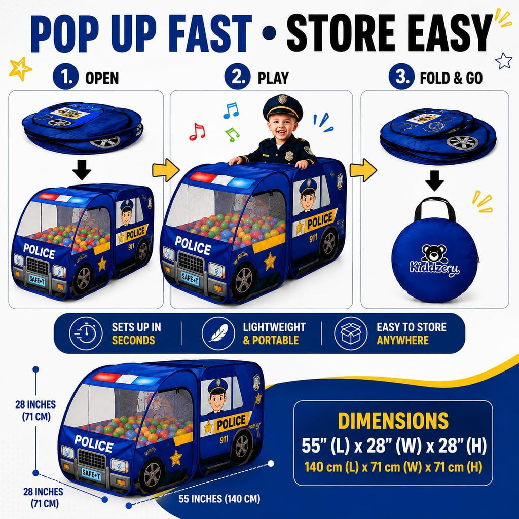 Carpa de Juego Desplegable de Policía para Niños con Botón de Sonido para Niños Pequeños, Niños, Niñas, Interiores y Exteriores – Casa de Juegos para Diversión Interactiva - Plegable, Configuración