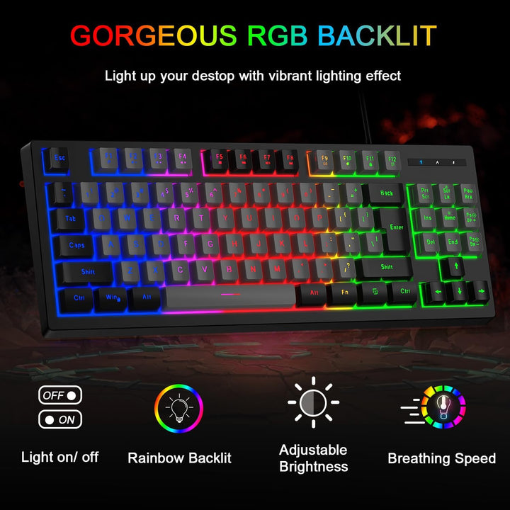 BlueFinger Combo de teclado para juegos RGB de 87 teclas y mouse re...