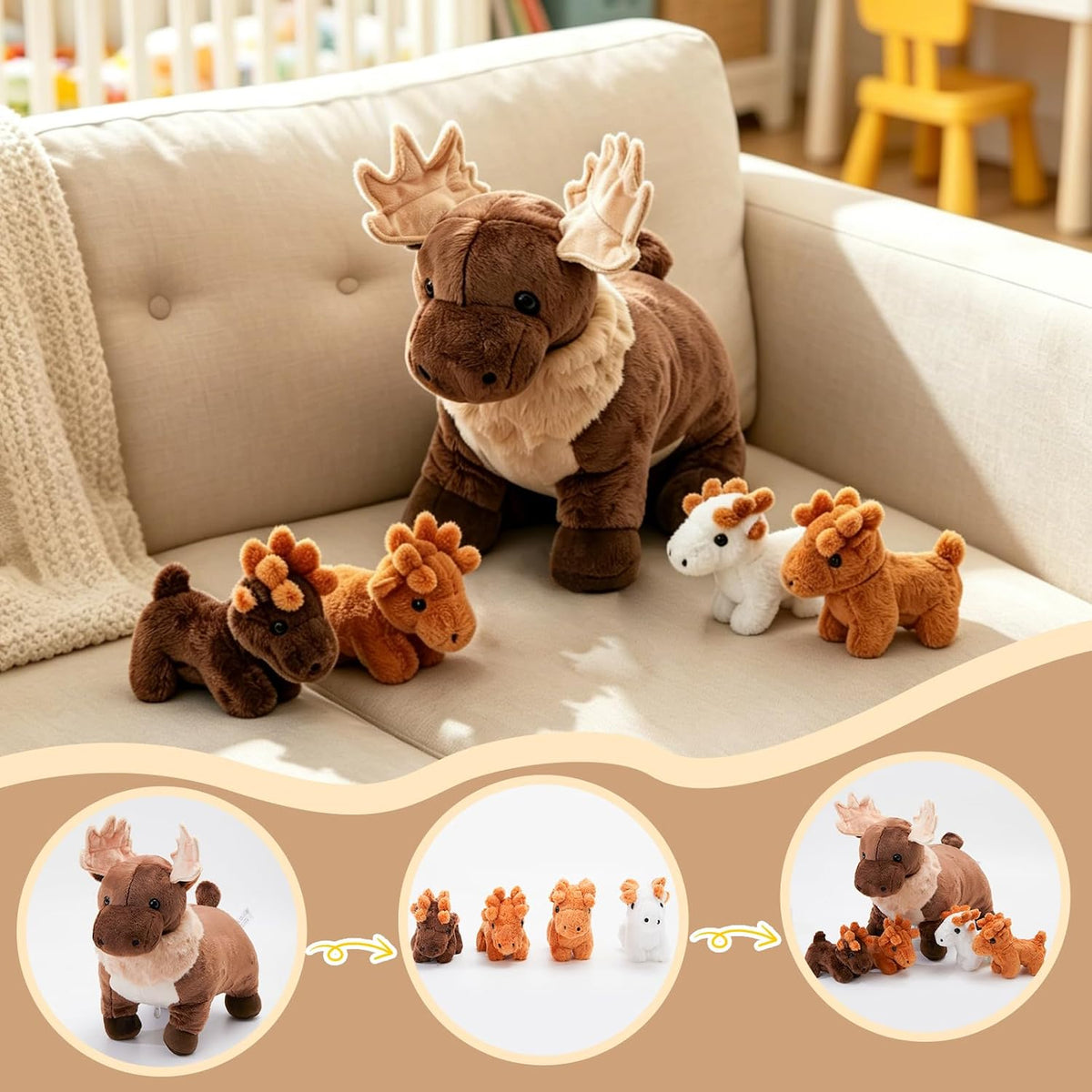 Peluche de alce con 4 bebés, 5 unidades