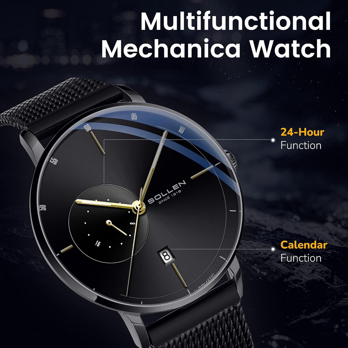 Relojes automáticos para hombre, reloj automático para hombre, movimiento mecánico original, resistente al agua 3ATM, manecillas luminosas, calendario y pantalla de 24 horas, relojes de pulsera