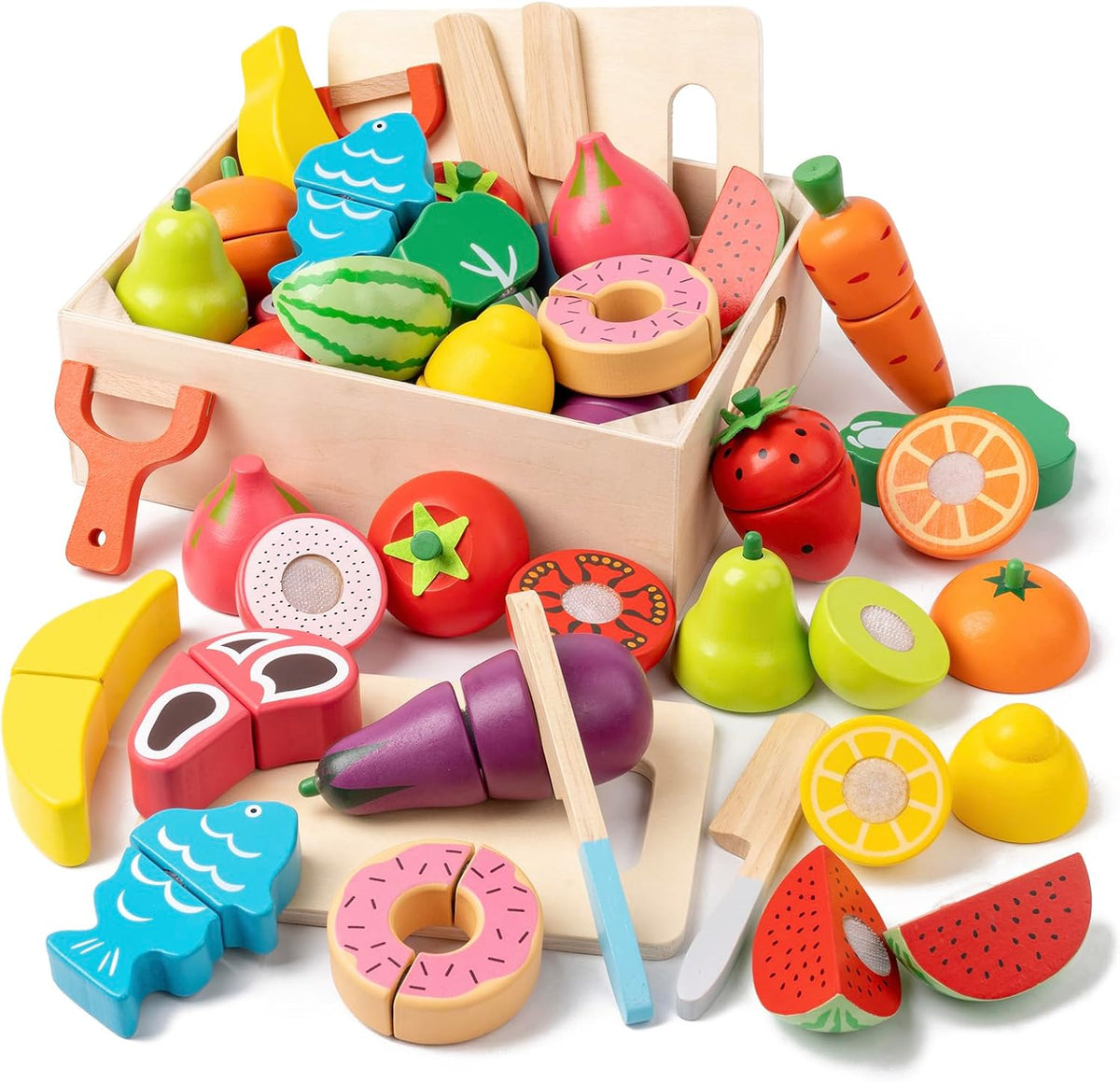 34Pcs Wooden Play Food para Toddlers - Toy Food con Velcro Fruit & Veggies