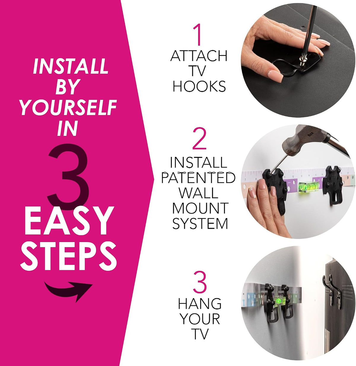 HangSmart TV® - Soporte de pared sin montante, original y patentado, fácil instalación, bricolaje para televisores de 19 a 100 pulgadas, soporta hasta 150 libras, se adapta a la mayoría de pantallas
