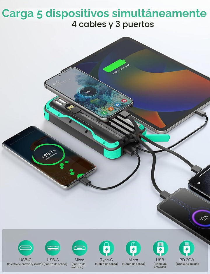 SOXONO Cargador Solar Power Bank, PD 20W Carga Rápida Batería Exter...