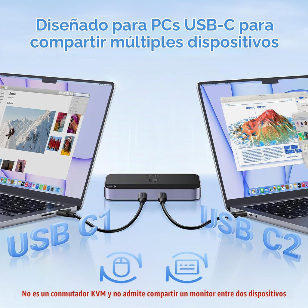 UGREEN Interruptor USBC 2 computadoras comparten 4 puertos USB 3.2, selector de conmutador de 10 Gbps para PC, portátil, teclado, ratón, adaptador de interruptor compartido con 2 cables de datos USB-C