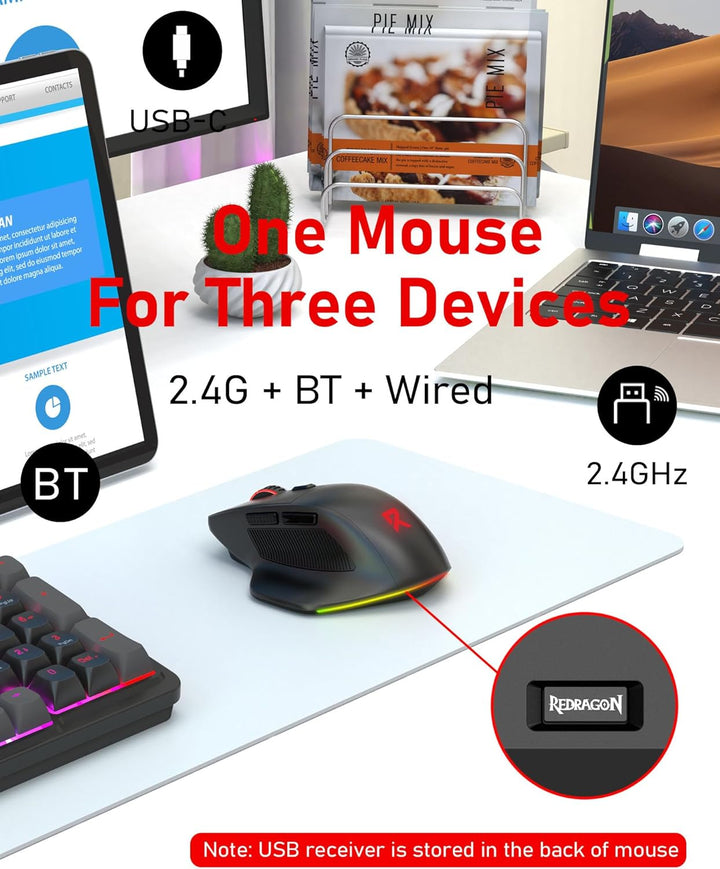 Redragon Ratón inalámbrico grande para manos grandes, tres modos de...