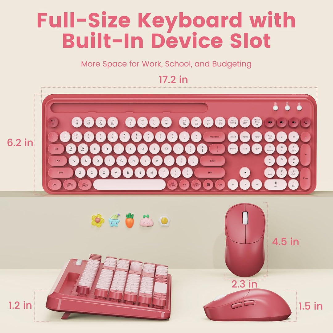 Combo de teclado y mouse inalámbricos, teclas redondas retro, tecla...