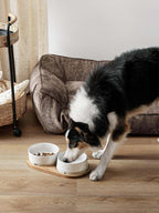 Juego de cuencos de cerámica para perros con bandeja de madera de acacia, cuenco de comida de 3.2 tazas + cuenco de agua de 29 onzas, estación de alimentación antideslizante con peso