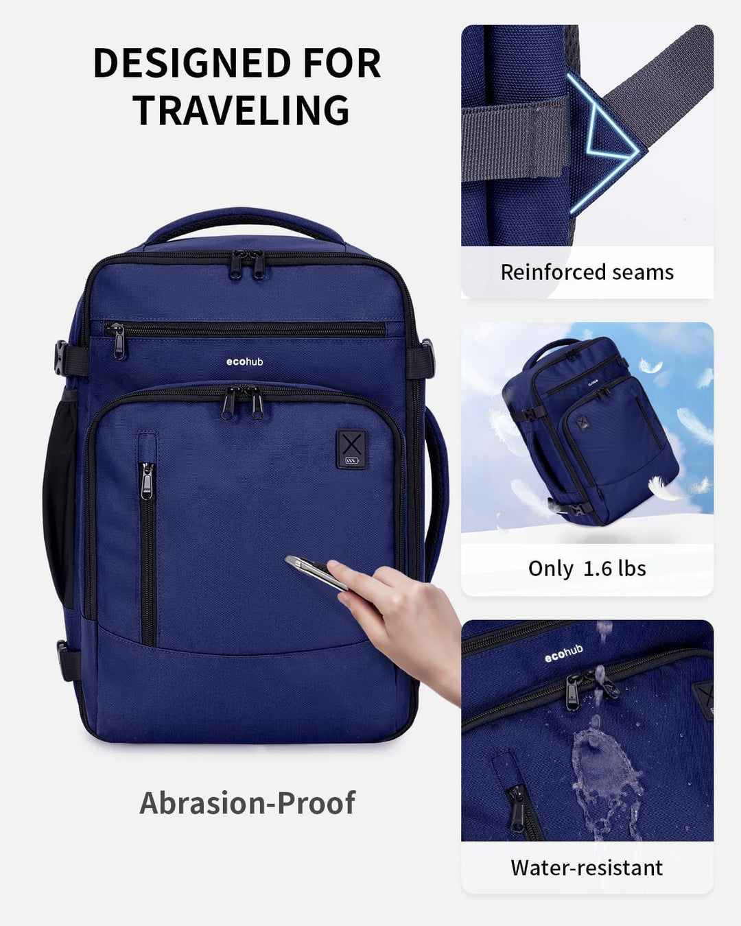 ECOHUB Mochila de Viaje Mochila de Equipaje de Mano, Azul-3, Mochil...