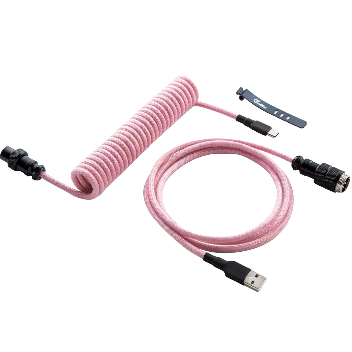 Pro Cable USB C en espiral personalizado para teclado de juegos, cable de teclado mecánico de doble funda con aviador metálico desmontable, 1.5M USB-C a USB-A, negro rosa