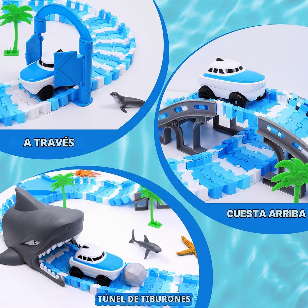 Pistas de carreras flexibles con temática oceánica para niños, regalo de cumpleaños para niños de 3, 4, 5, 6, 7 años, más de 240 piezas, juego de pista de automóvil construible con túnel de