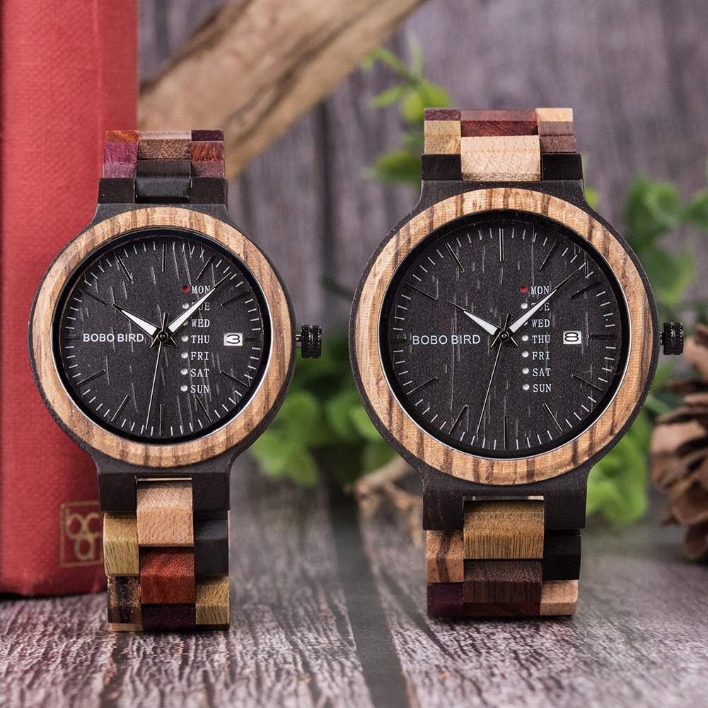 BOBO BIRD Relojes de madera coloridos relojes de pulsera de madera para semana y fecha, multifunción, hecho a mano, reloj de cuarzo, cronógrafo deportivo, reloj de pulsera único para hombres y mujeres
