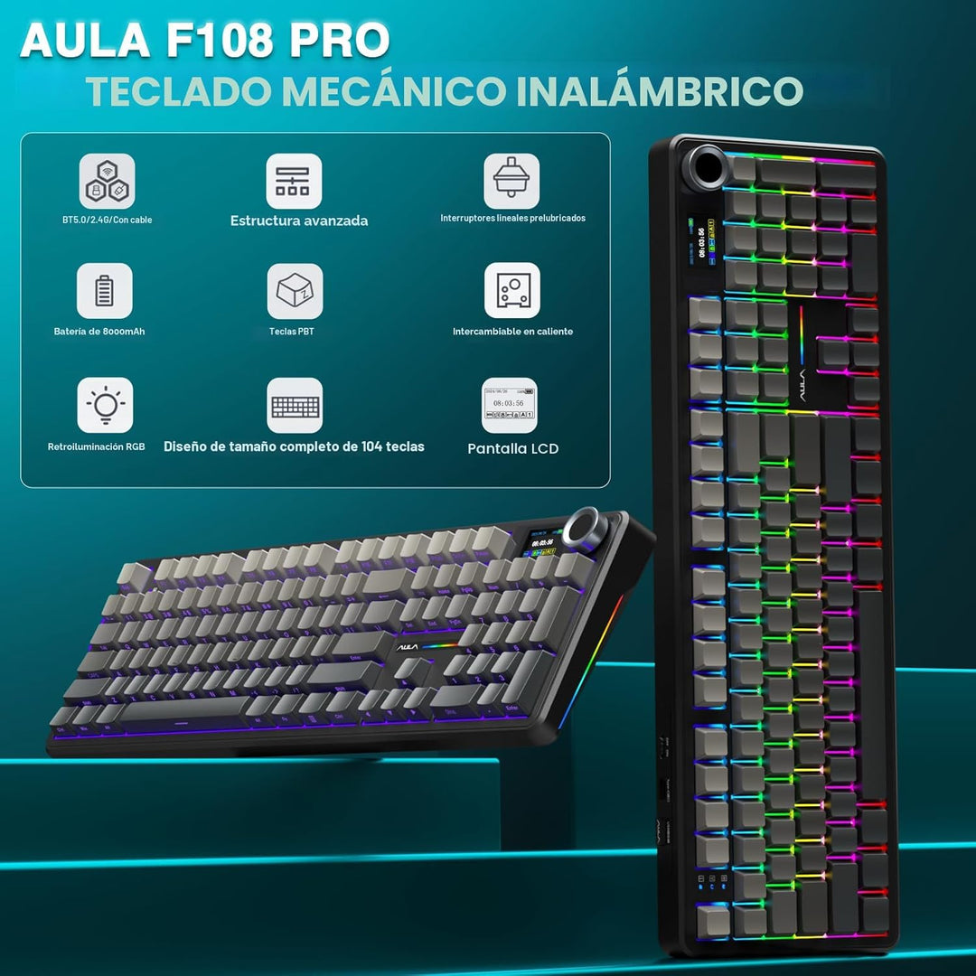 AULA F108 PRO - Teclado mecánico inalámbrico con pantalla y perilla...