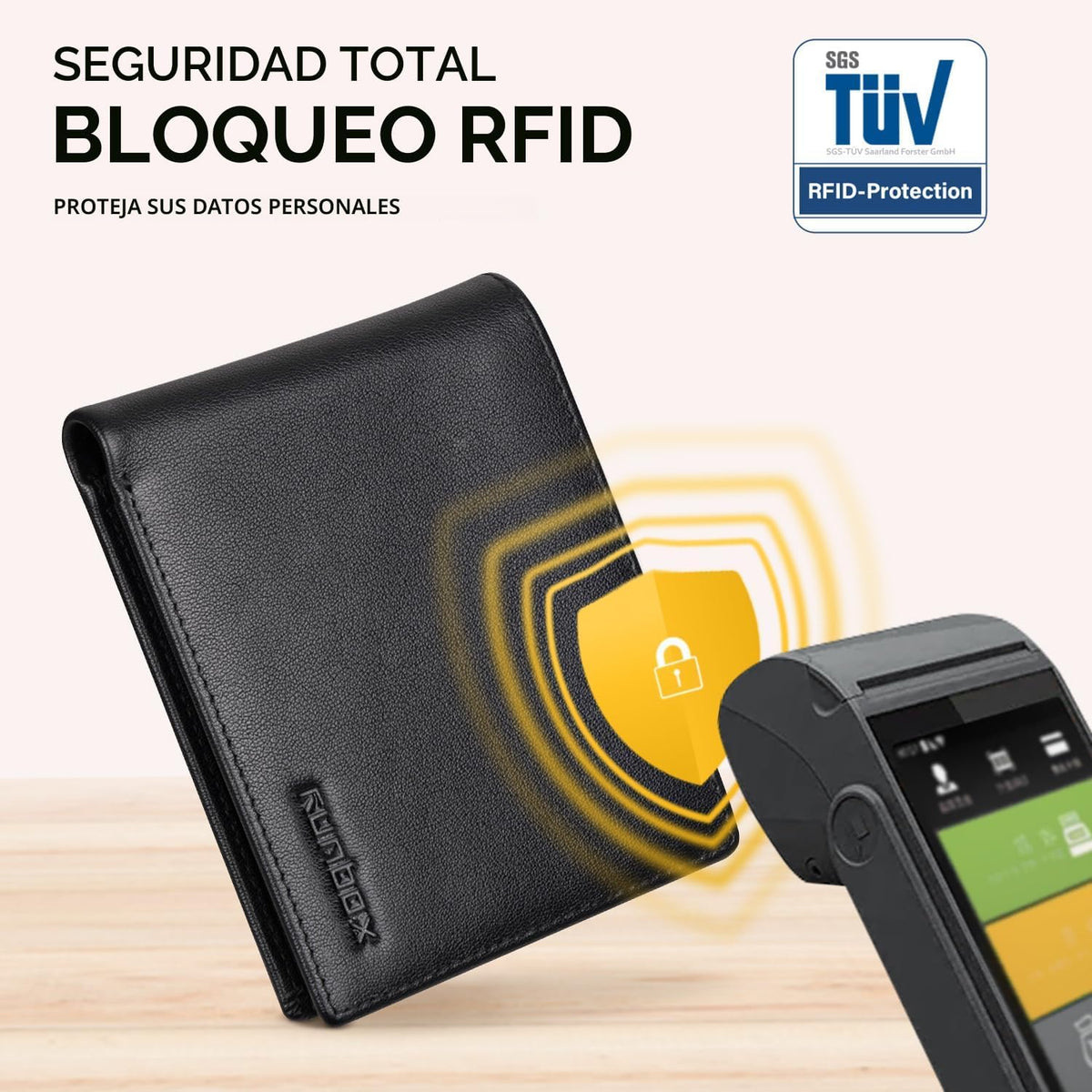 Cartera RUNBOX para Hombre de Cuero con Bloqueo RFID Bifold para Bolsillo Frontal