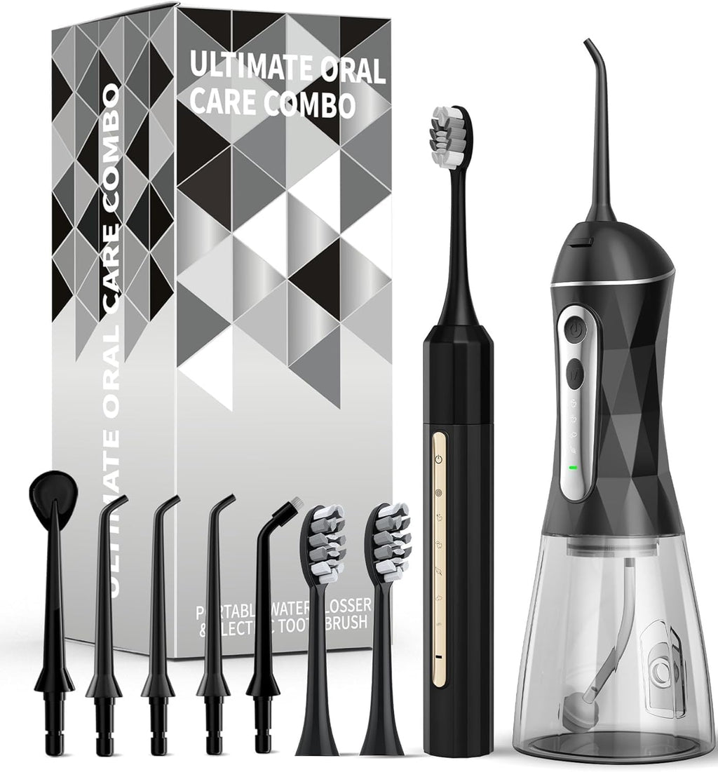Combo de hilo dental y cepillo de dientes eléctrico, kit de limpieza oral 2-1, cepillo de dientes eléctrico sónico de 5 velocidades y irrigador de agua portátil de 4 velocidades para limpiar