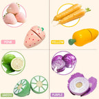 Juego de comida de madera para jugar – Juguete de cocina y accesorios de cocina con corte de frutas, verduras, ollas y sartenes y cubo de almacenamiento – Regalo para niños de 3, 4, 5, 6 años
