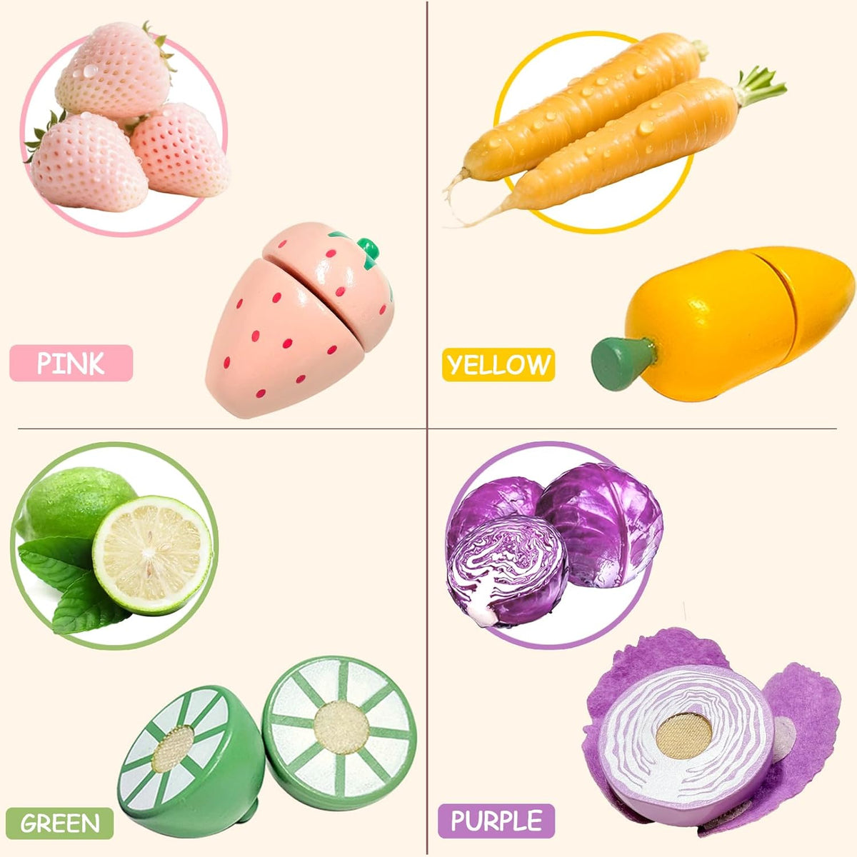 Juego de comida de madera para jugar – Juguete de cocina y accesorios de cocina con corte de frutas, verduras, ollas y sartenes y cubo de almacenamiento – Regalo para niños de 3, 4, 5, 6 años
