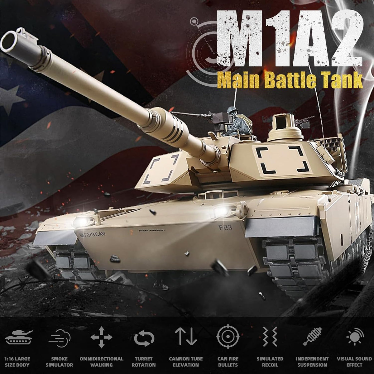 BESTYMXY Tanque RC US M1A2 Abrams Army, HengLong 1:16 2.4GHz Vehículo tanque de control remoto con sonido y luz para mayores de 14 años