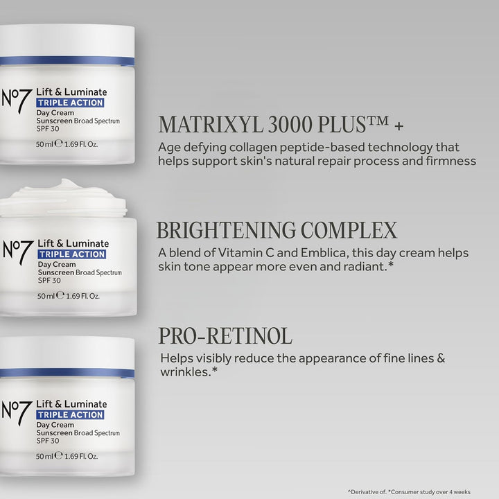 No7 Lift &amp; Luminate Crema de día de triple acción, crema facial...