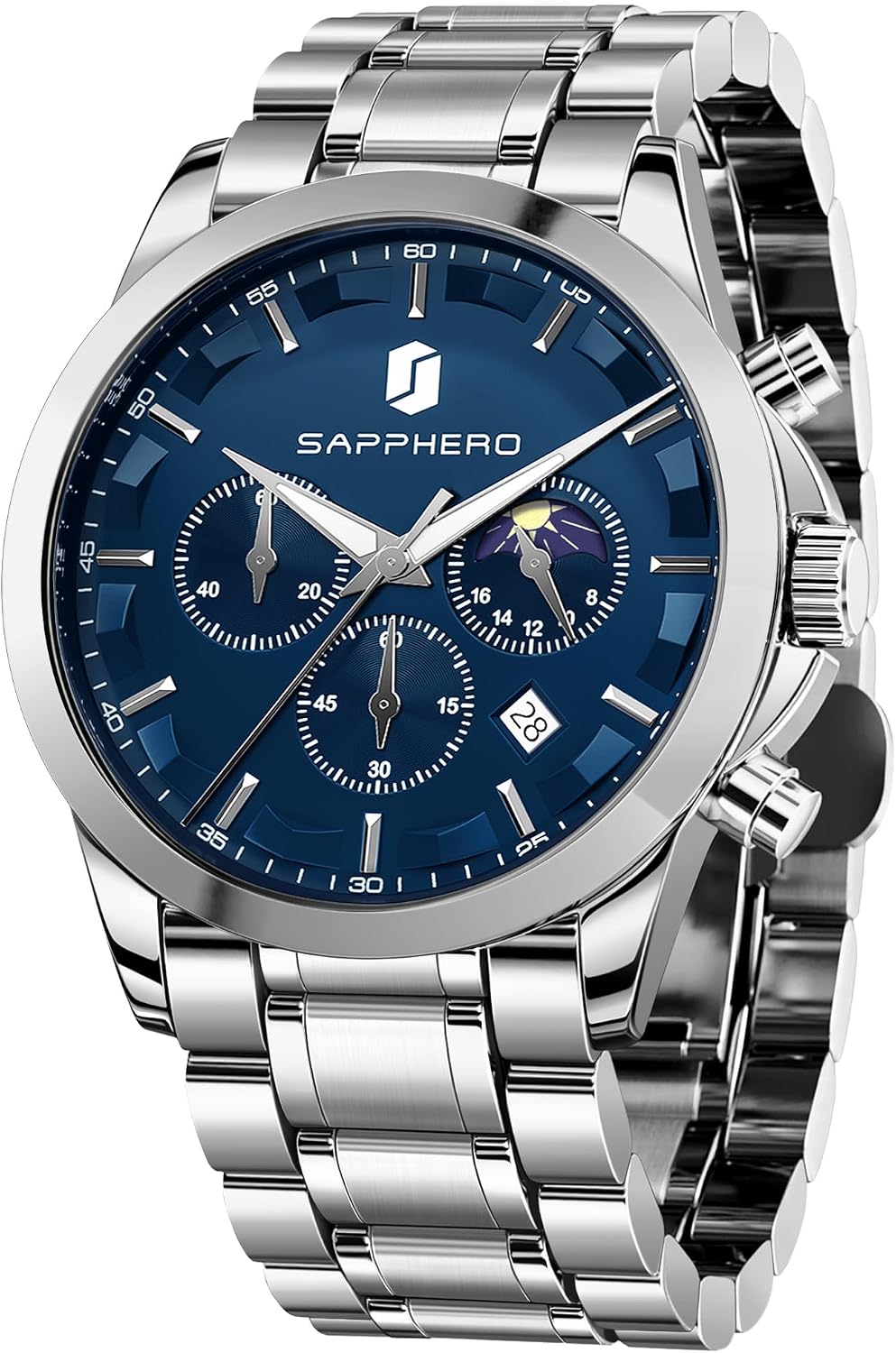 SAPPHERO Relojes cronógrafos para hombre, reloj analógico de acero inoxidable casual original para negocios, 50M, impermeable, luminoso, con esfera de fecha, regalo para hombre