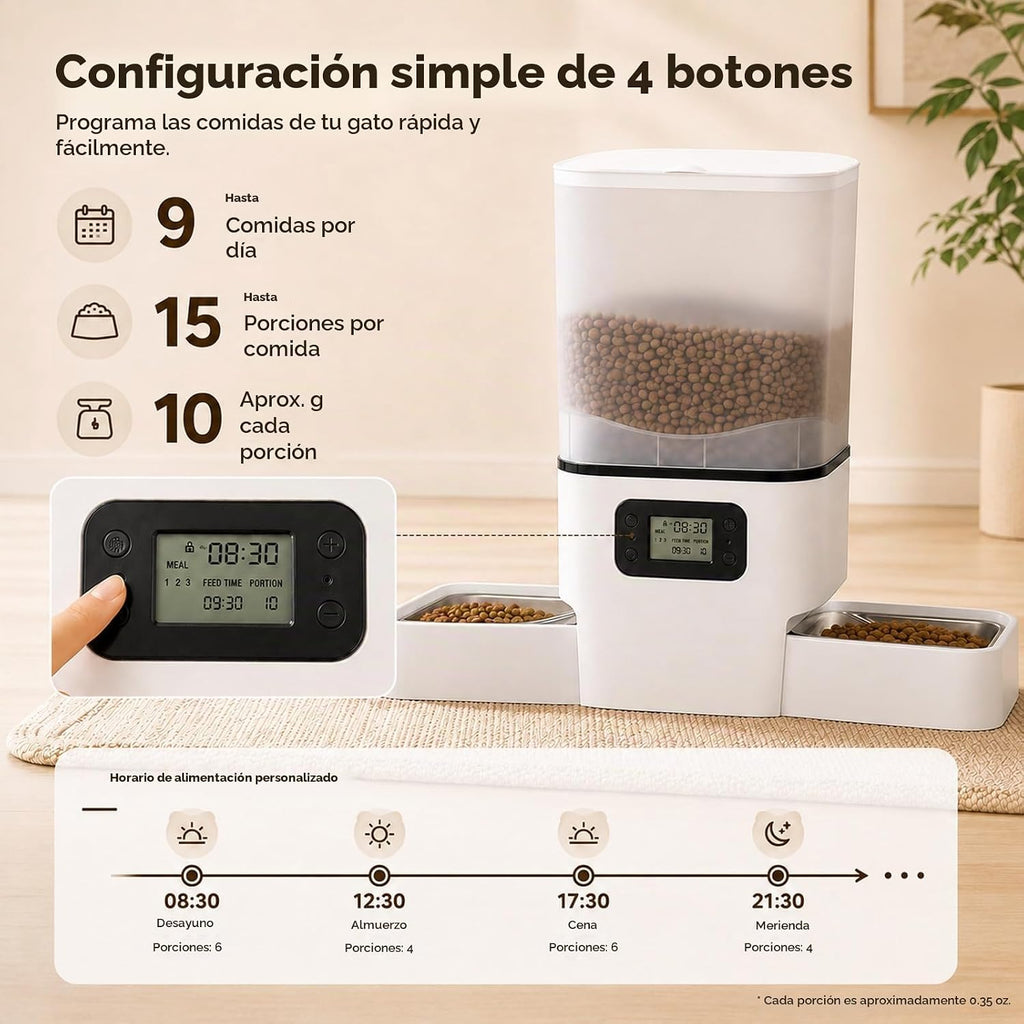 Comedero Automático para 2 Gatos y Perro Pequeño, 6L Gran Capacidad para Comida Seca