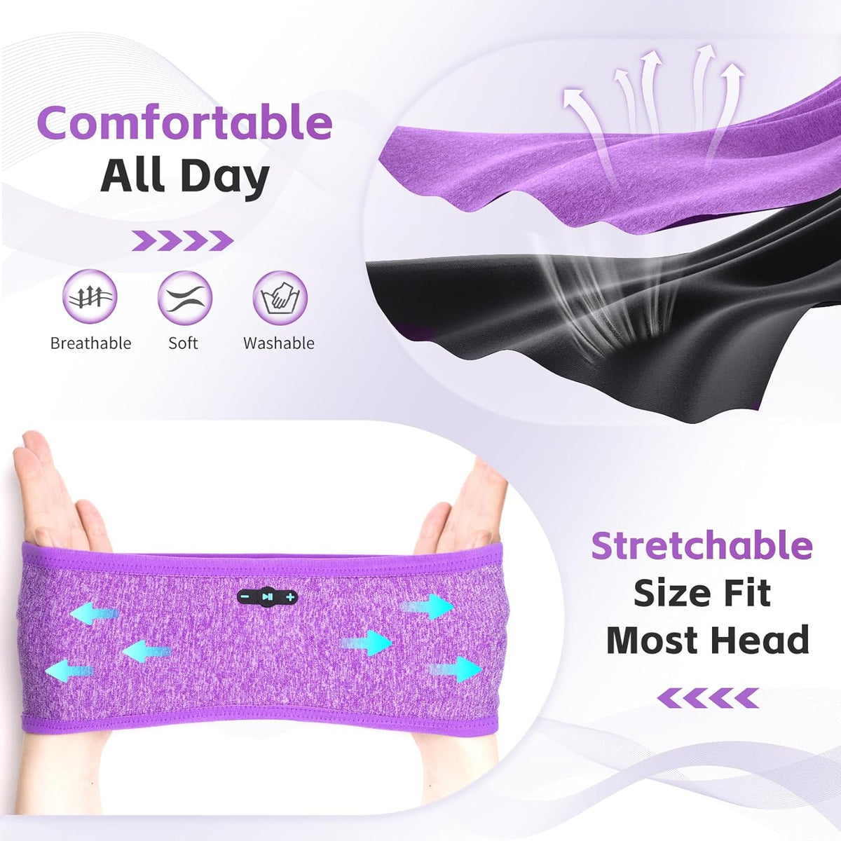 Diadema Bluetooth 6.0 para dormir de lado (gris y morado)