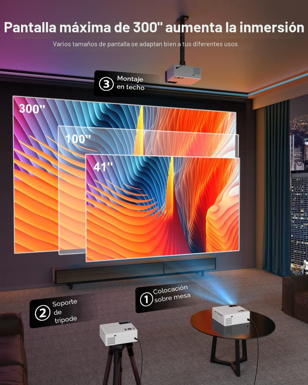 FUDONI Proyector con soporte WiFi y Bluetooth 4K, proyector de 300...