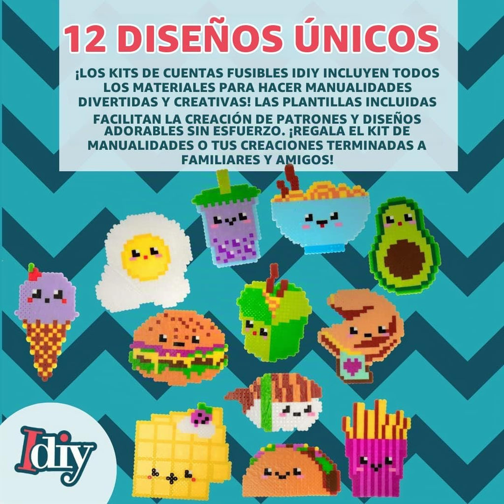 Fuse Beads - Kit de 10.000 cuentas, alimentos divertidos, incluye 22 colores, 4 tablas de clavijas, pinzas, papel de planchar y 12 plantillas de diseño, proyecto de manualidades de bricolaje para
