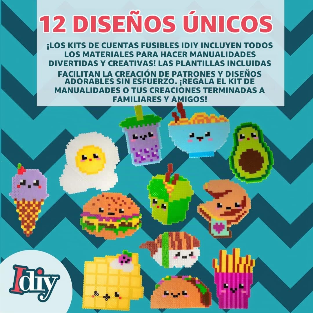 Fuse Beads - Kit de 10.000 cuentas, alimentos divertidos, incluye 22 colores, 4 tablas de clavijas, pinzas, papel de planchar y 12 plantillas de diseño, proyecto de manualidades de bricolaje para